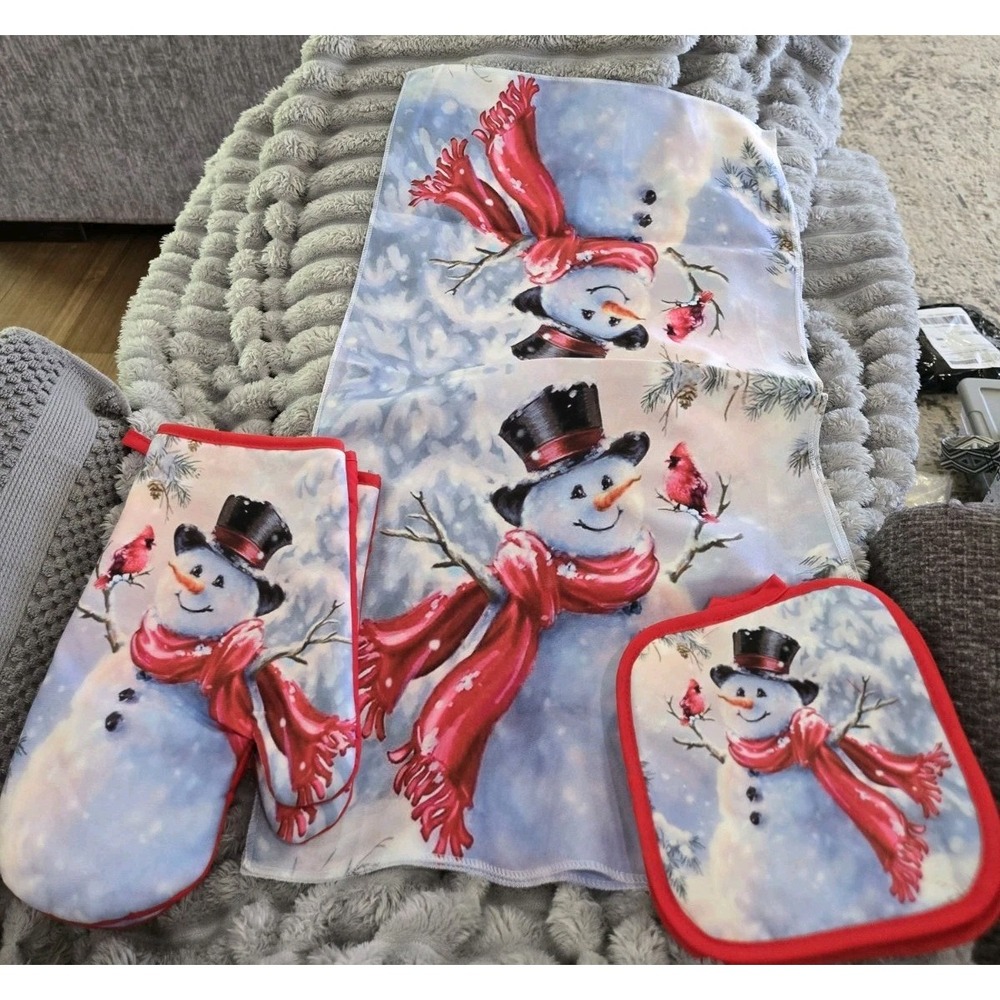 Christmas Snowman Kitchen Set Towel Oven Mitt Pot Holder Red Cardinal‎ Winter